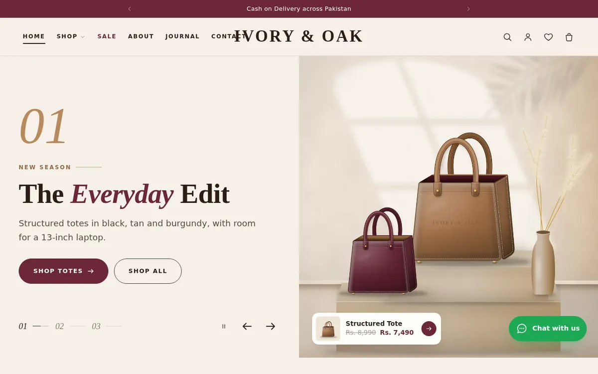 Fast Ecommerce Bags demo – Ivory & Oak