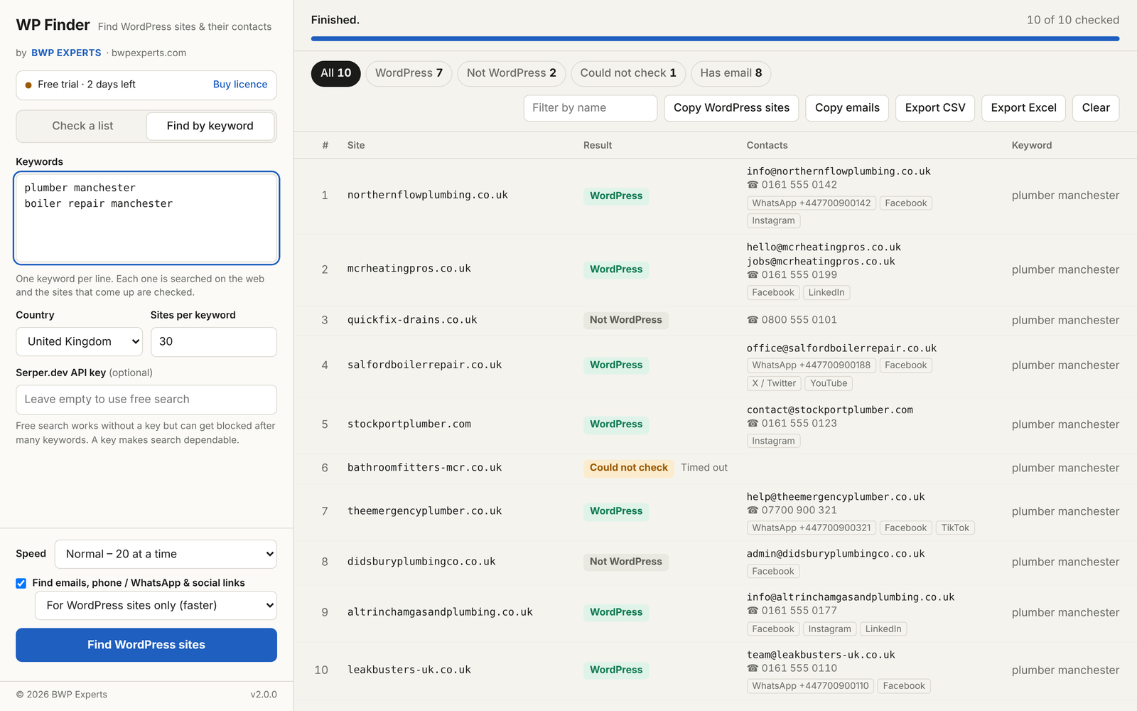 WP Finder showing WordPress sites with their emails, phone numbers, WhatsApp and social links